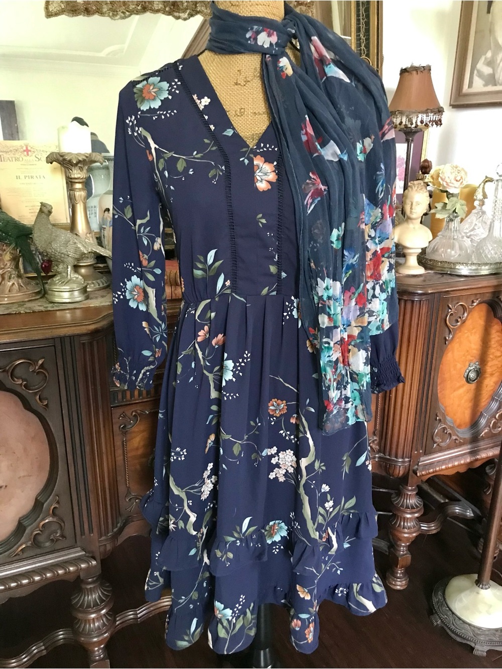 Vintage Country Cottage Core Boho Hippie Navy Floral Dress and Shawl Scarf Set